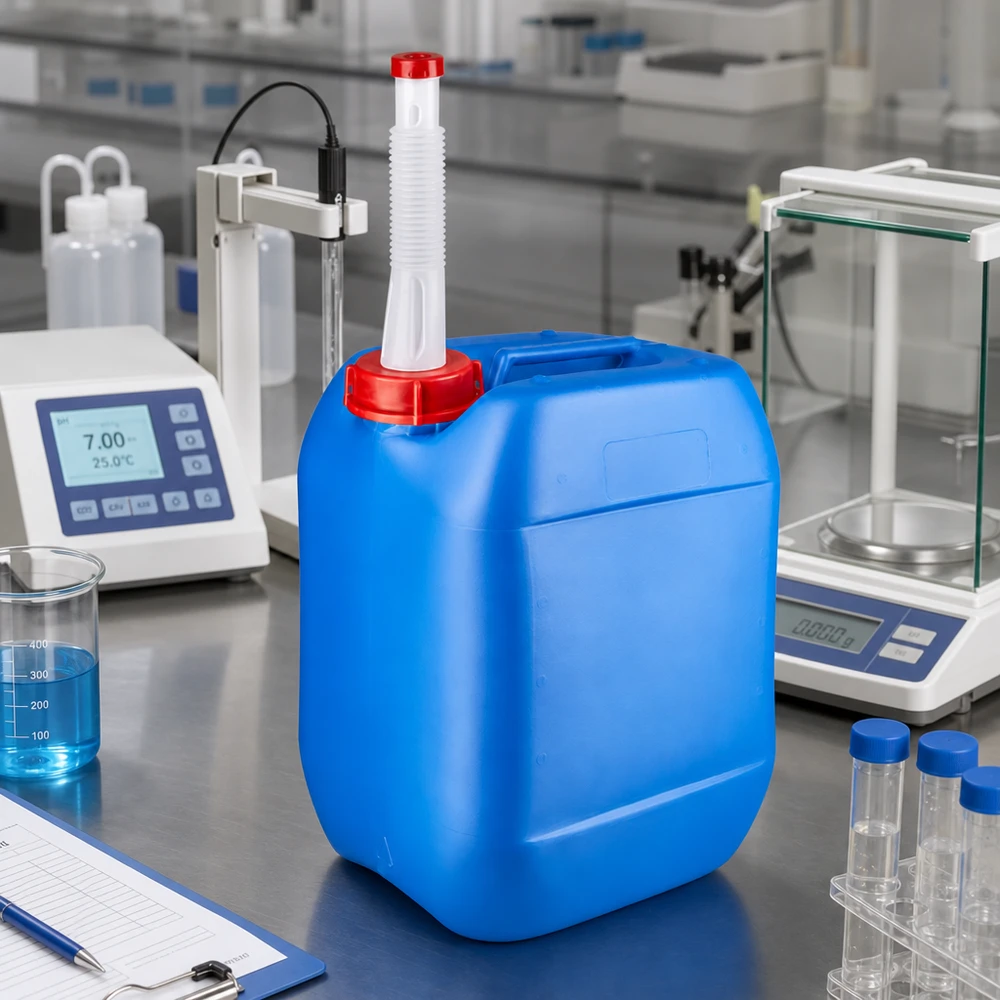 Tanica portatile da 10 litri, blu, con tubo di scarico flessibile e tappo rosso, in laboratorio