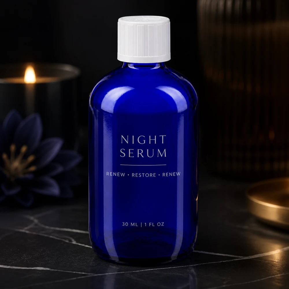 Flacone di vetro blu da 100 ml con tappo di sicurezza per bambini bianco, come confezione del siero da notte