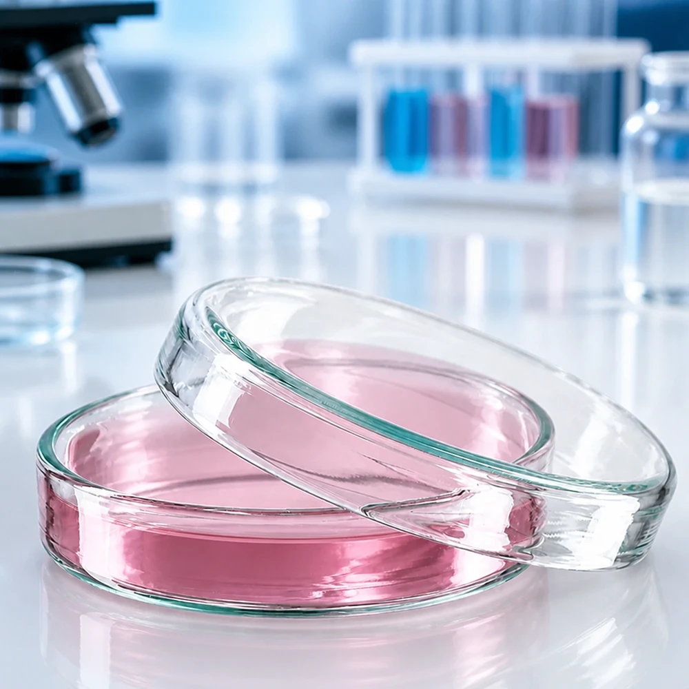 Piastra Petri 60x15 in vetro Due piastre di Petri in vetro da 60x15 mm contenenti terreno di coltura cellulare rosa, impilate una sopra l'altra in ambiente di laboratorio