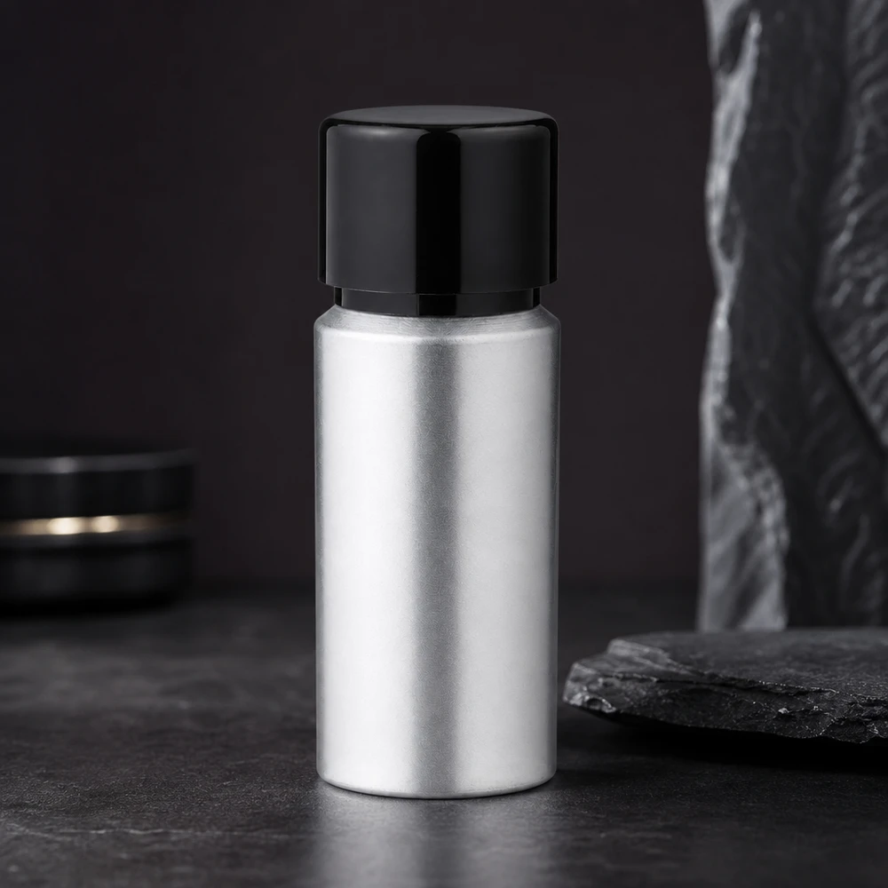 Flacone in alluminio riciclabile da 20 ml con tappo nero - soluzione di imballaggio ecologica