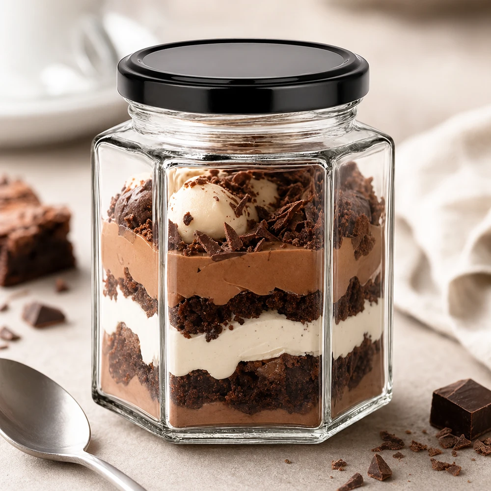 Vaso hexa da 196 ml con coperchio BasicSeal nero UNiTWIST. Bicchiere hexa da 196 ml con coperchio nero come bicchiere da dessert per dessert a strati con cioccolato e panna sul tavolo della cucina