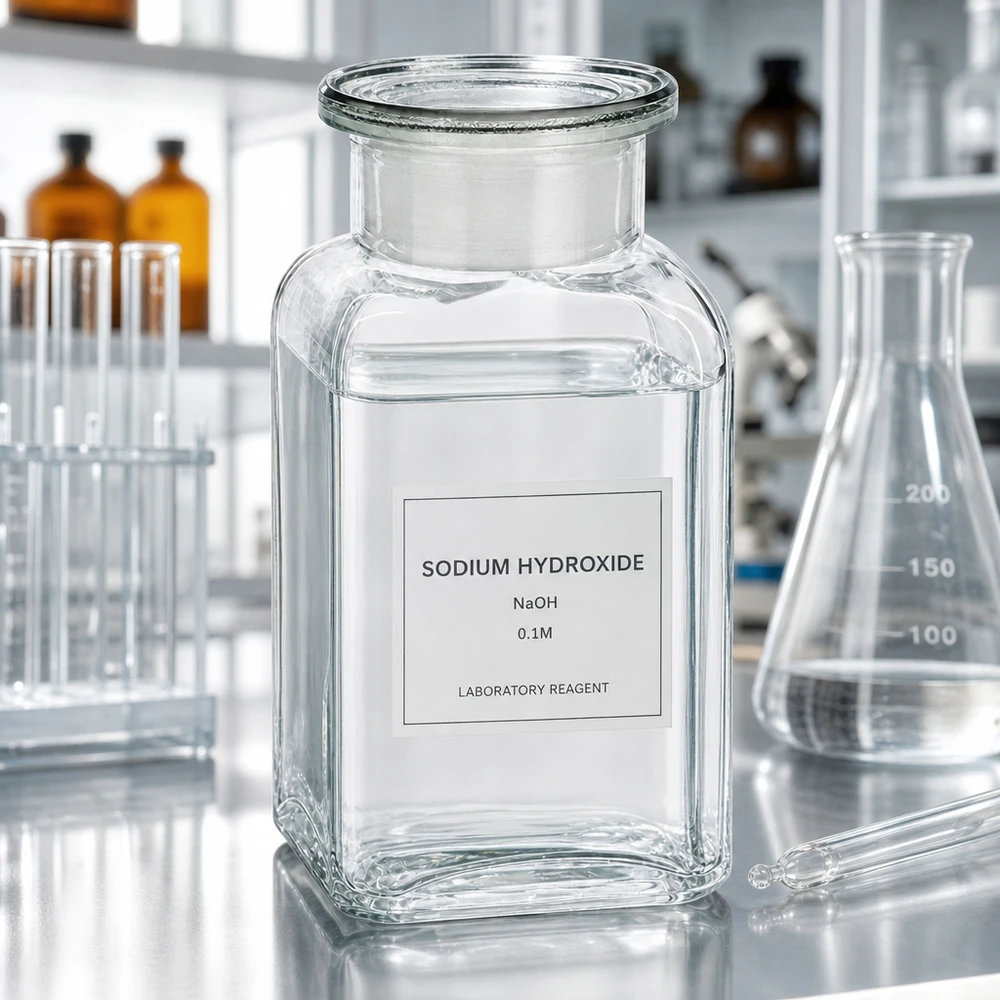 Fiaschetta da laboratorio quadrata da 100 ml trasparente con soluzione di idrossido di sodio (NaOH) e tappo in vetro, a collo largo