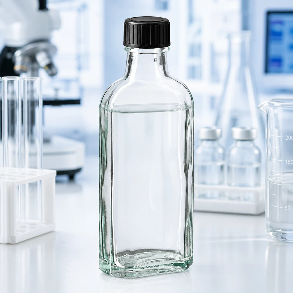 Tappo a vite trasparente Meplat da 100 ml con disco di tenuta in EPE Flacone di vetro trasparente da 100 ml con tappo di plastica nero in un laboratorio su un piano di lavoro bianco