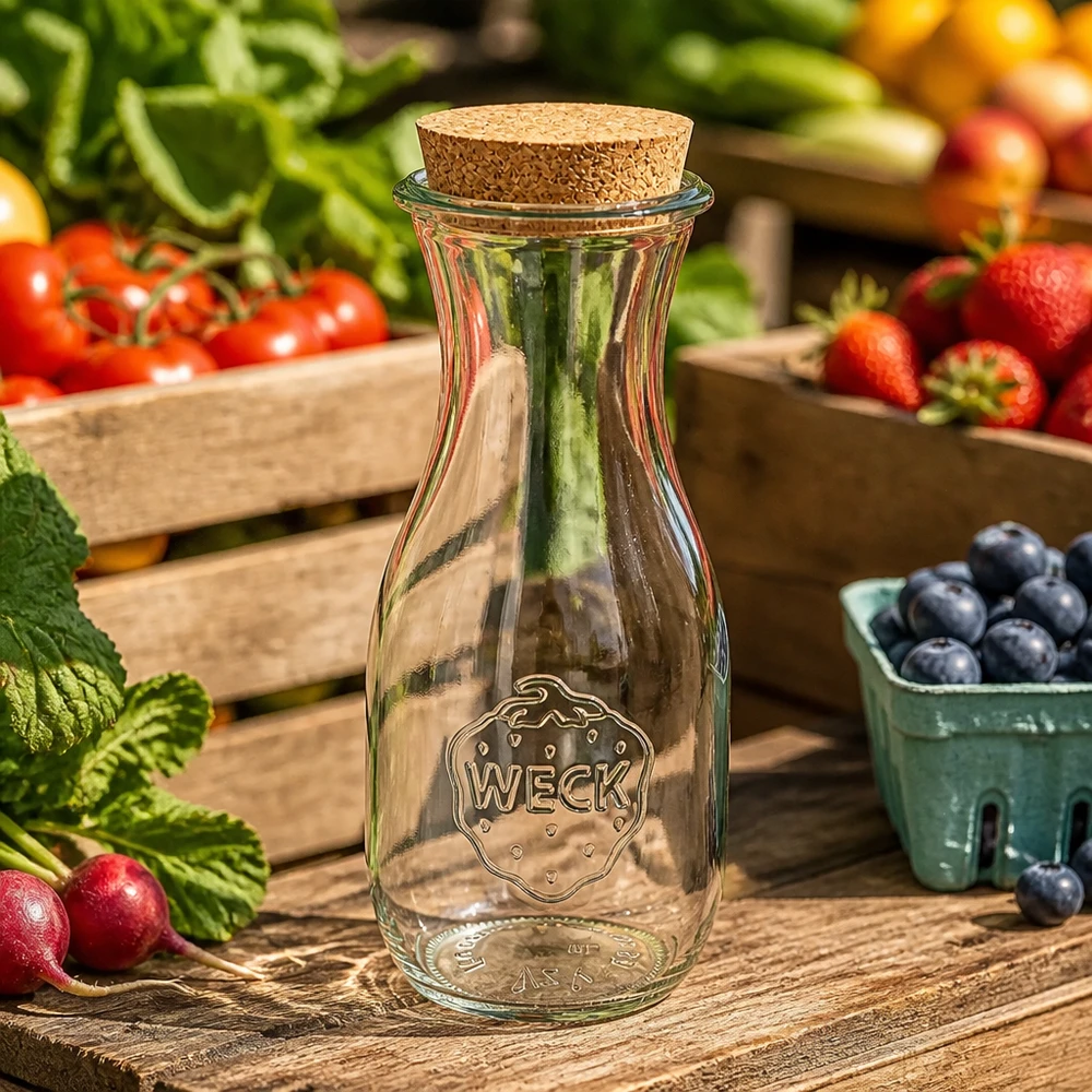 Bottiglia da succo da 530 ml WECK RR60 con tappo in sughero naturale Bottiglia di succo WECK 530ml vuota con tappo di sughero tra frutta e verdura fresca su tavolo in legno cucina naturale