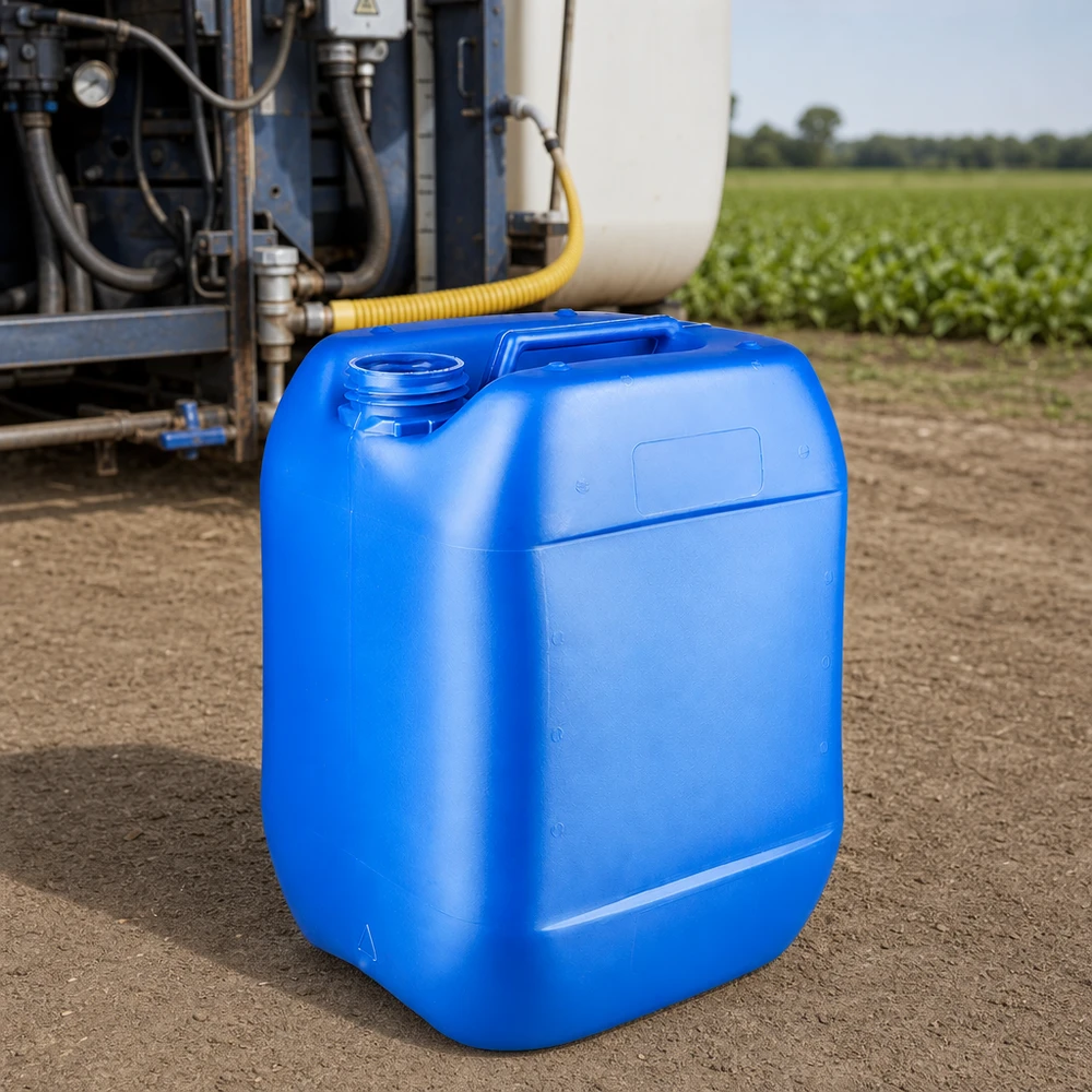 Tanica 10 litri blu senza tappo Tanica blu da 10 litri senza tappo accanto a un irroratore agricolo in un campo coltivato
