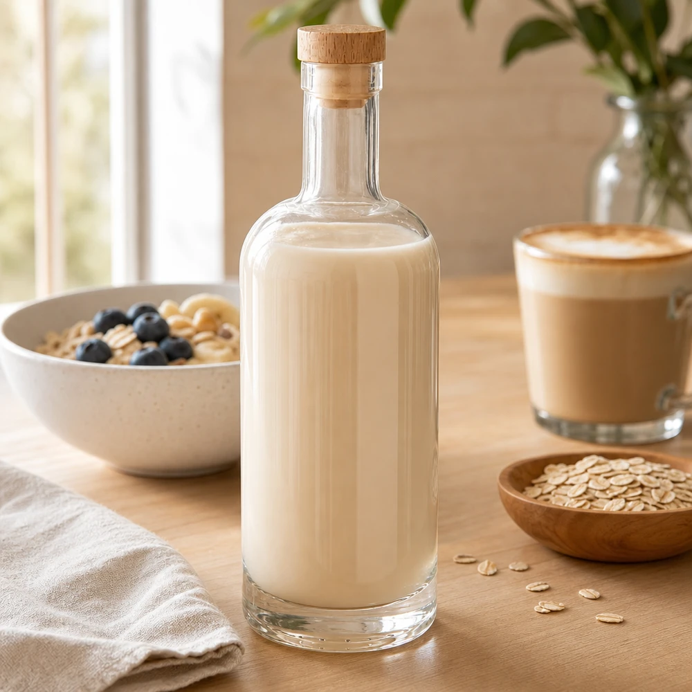 Bottiglia di vetro da 750 ml Emma con tappo di legno riempita di latte d'avena accanto a una ciotola di cereali e una tazza da caffè su un tavolo di legno