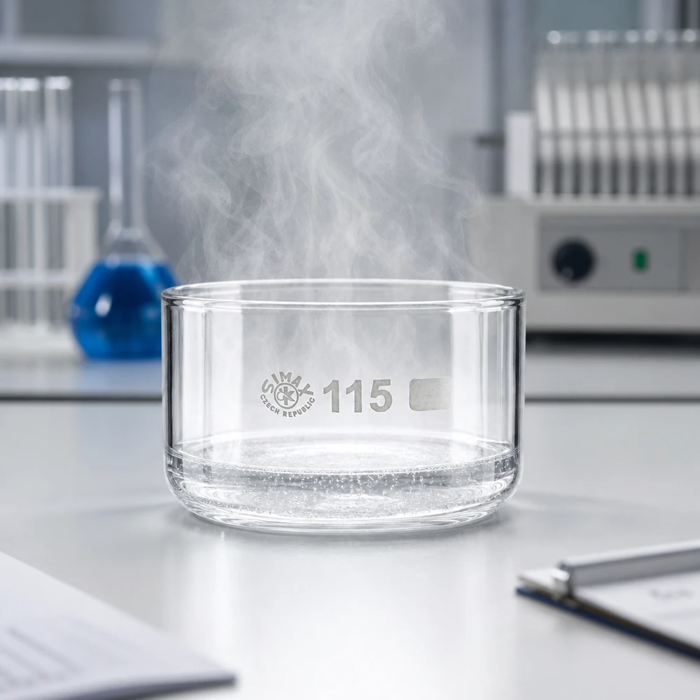 Piastra di cristallizzazione da 500 ml senza beccuccio Bo. ø115mm Vaschetta di cristallizzazione SIMAX da 500 ml da cui sale il vapore con acqua calda su un piano da laboratorio bianco