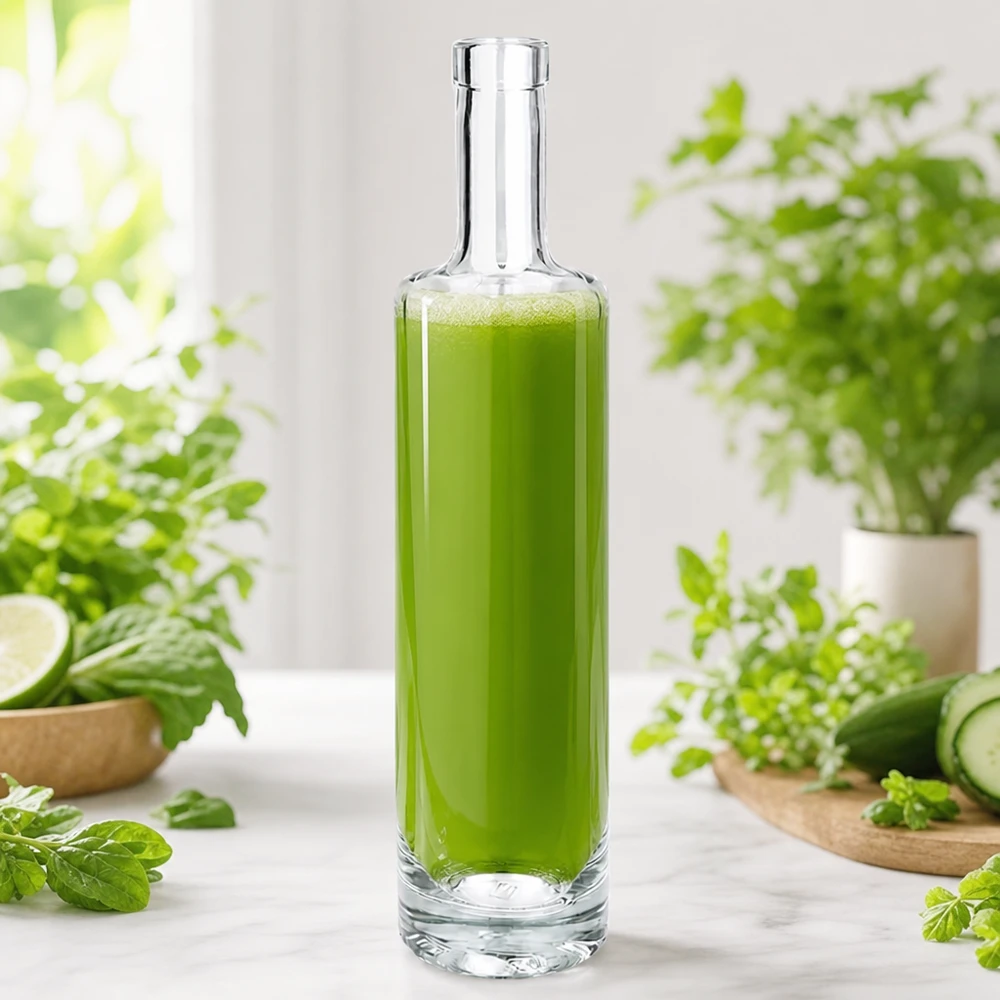 Bottiglia in vetro da 500 ml Lina senza tappo UNiTWIST® Bottiglia di vetro da 500 ml di Lina riempita di frullato verde tra erbe e verdure fresche in una scena di cucina naturale