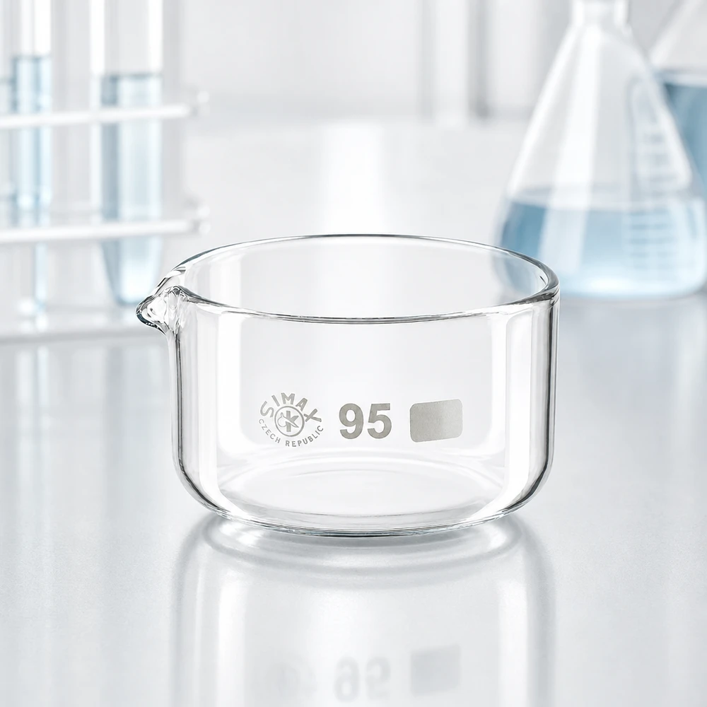 Piatto per cristallizzazione da 300 ml con beccuccio Bo.. ø95mm Recipiente da laboratorio rotondo da 300 ml con beccuccio, in vetro borosilicato trasparente su base da laboratorio bianca SIMAX