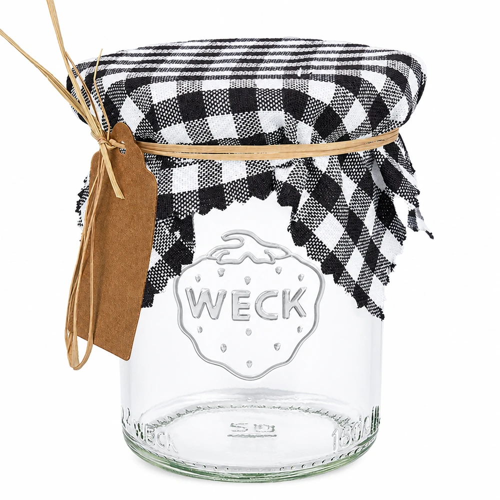 Centrino in tessuto per gioielli a quadretti neri 12 cm quadrati Vaso Weck con coperchio in tessuto a scacchi bianchi e neri e fiocco in rafia, contenitore decorativo in stile rustico