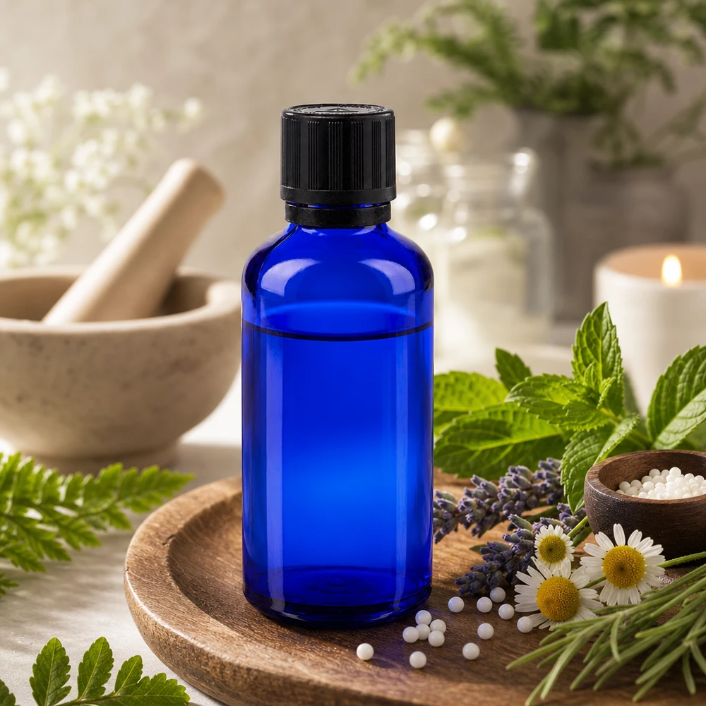 Flacone di vetro blu da 50 ml con tappo nero, su un vassoio di legno circondato da fiori di camomilla e foglie di menta