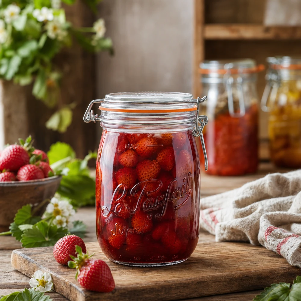 Barattolo Le Parfait da 1000 ml con tappo girevole riempito di fragole su tavola di legno in cucina rustica