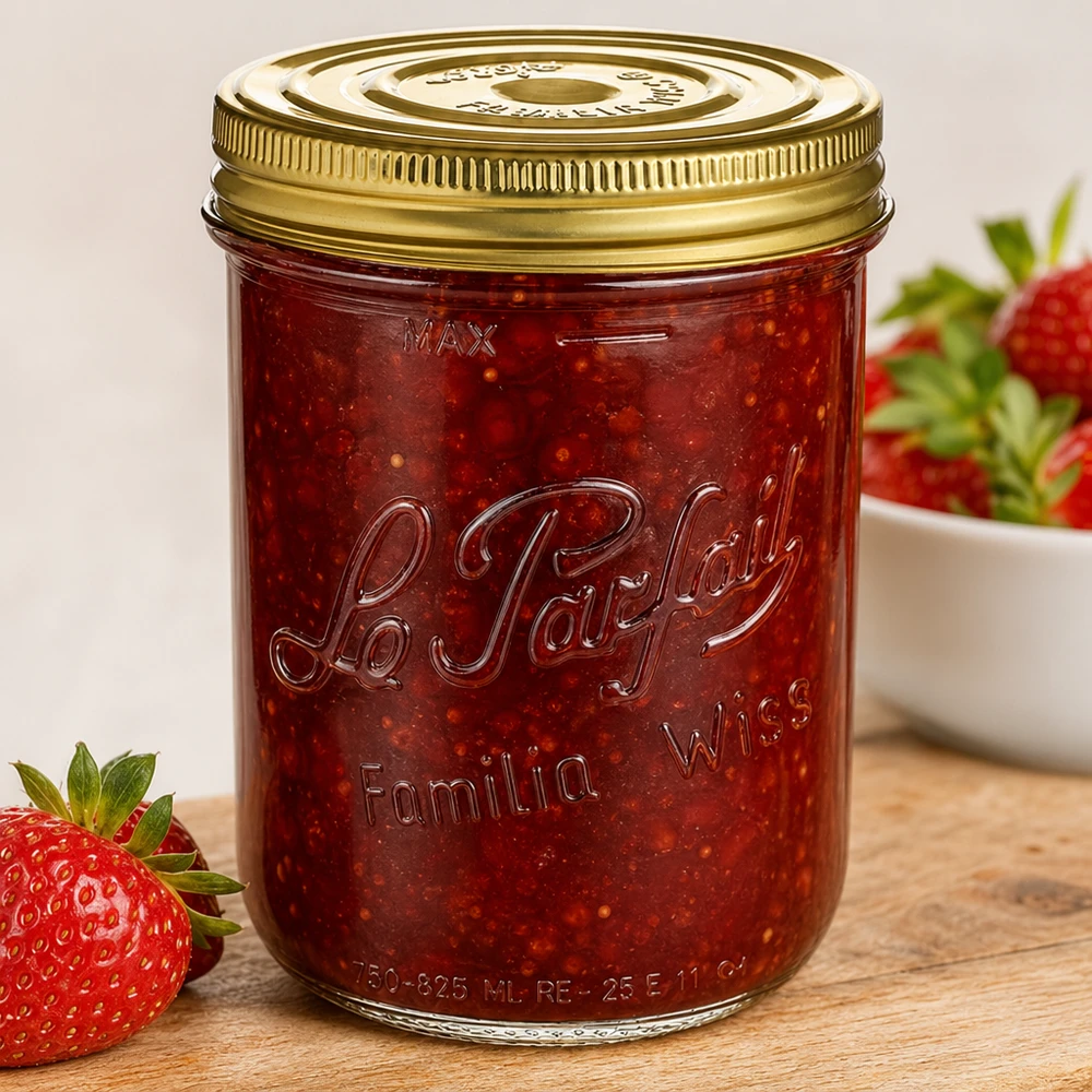 Familia Wiss vaso da 1020 ml con coperchio a vite riempito di marmellata di fragole accanto a fragole fresche