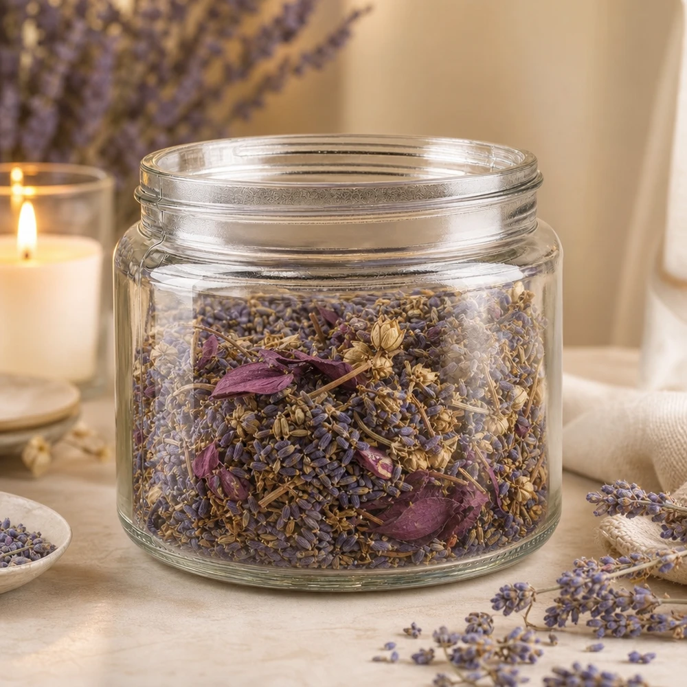 Vaso di vetro da 250 ml riempito di lavanda ed erbe essiccate, per conservare in modo rustico e decorativo tè e spezie.