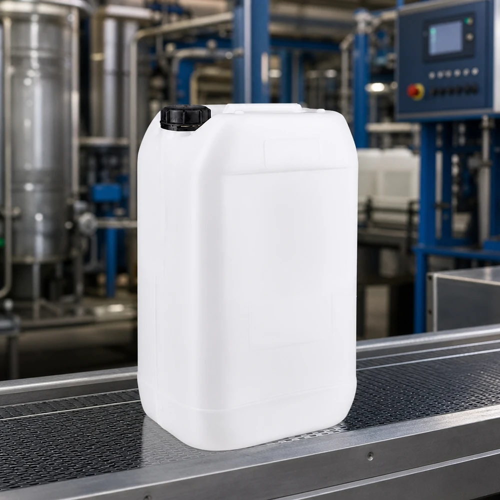 Tanica industriale da 15 litri in plastica HDPE adatta al contatto con gli alimenti, con tappo OV nero