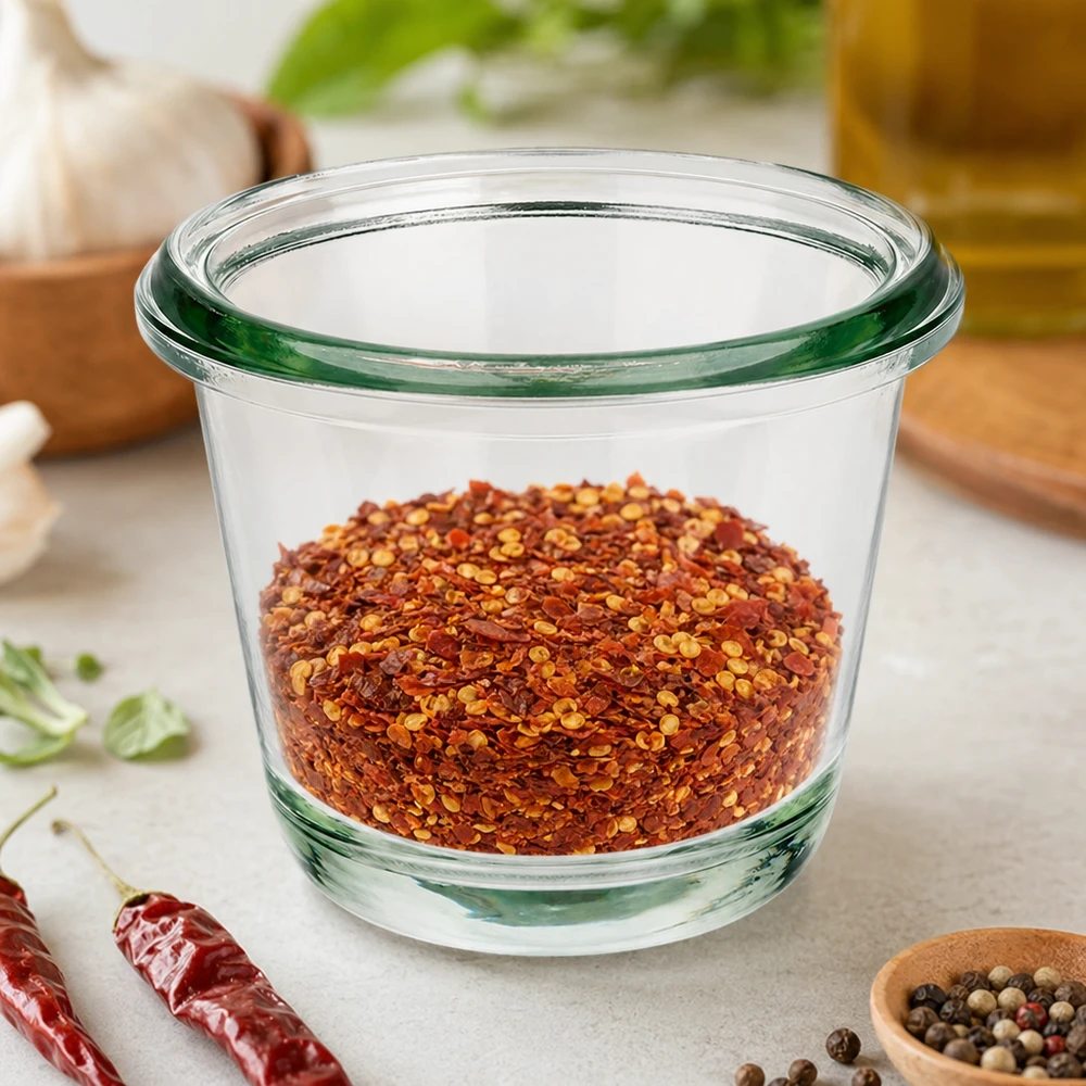 WECK vaso gourmet RR60 80ml riempito con fiocchi di peperoncino rosso tra peperoncini secchi e pepe in grani
