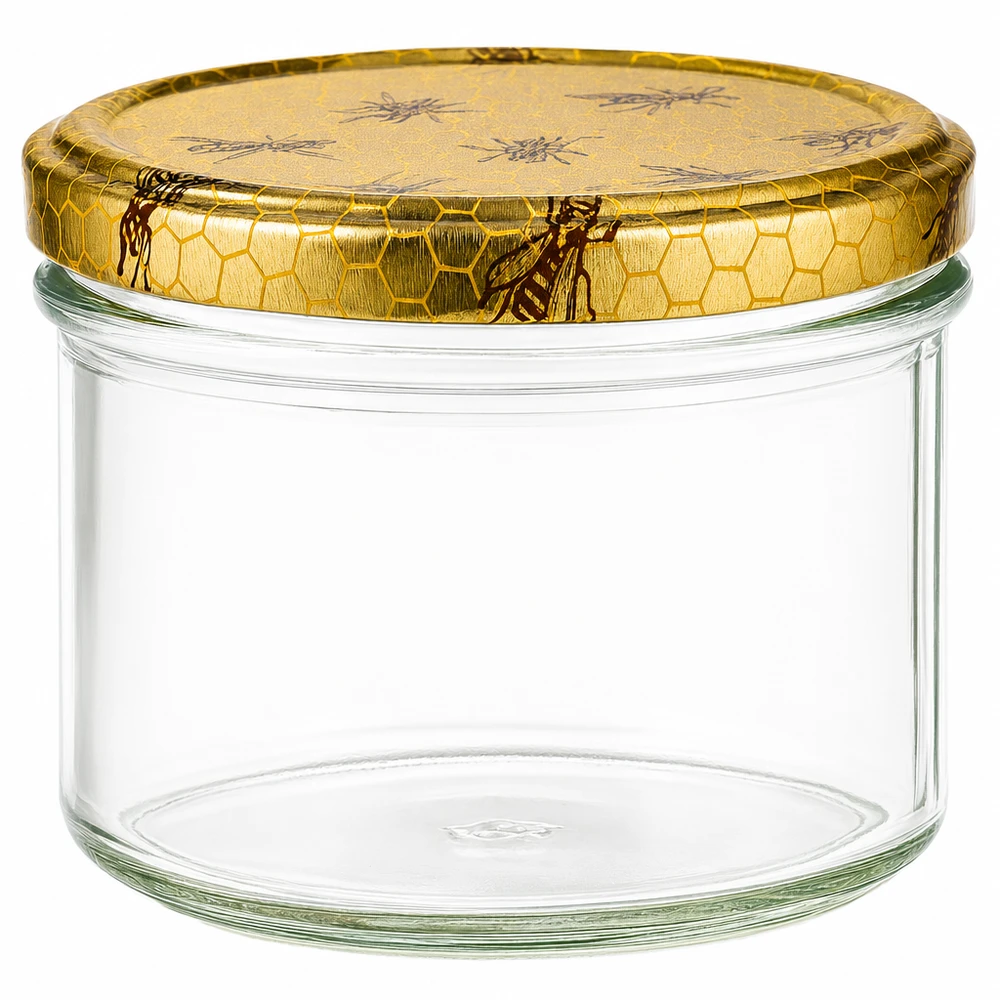 Vasetto per miele da 250 g con capsula con motivo a favo BasicSeal UNiTWIST 250g Honigglas mit goldenem Bienenwabe-Deckel - leeres Einmachglas für Honig, Marmelade und Vorräte