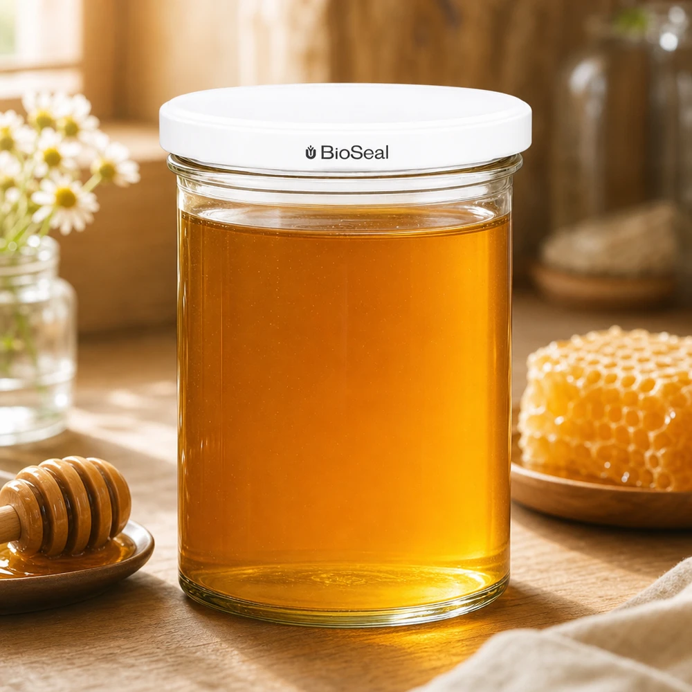 UNiTWIST Sturz435 con coperchio bianco TO82 BioSeal I tumbler UNiTWIST da 435 ml riempiti di miele accanto a un nido d'ape e a un cucchiaio per il miele mostrano la conservazione naturale degli alimenti