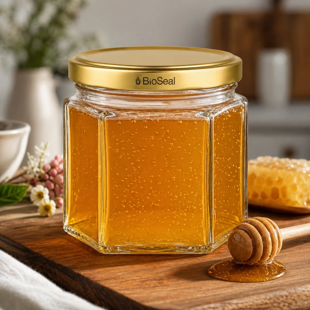 UNiTWIST Hexa47 con coperchio dorato TO43 BioSeal Vasetto di miele UNiTWIST Hexa47 con coperchio dorato TO43 BioSeal su tavoletta di legno con cucchiaio da miele in cucina naturale