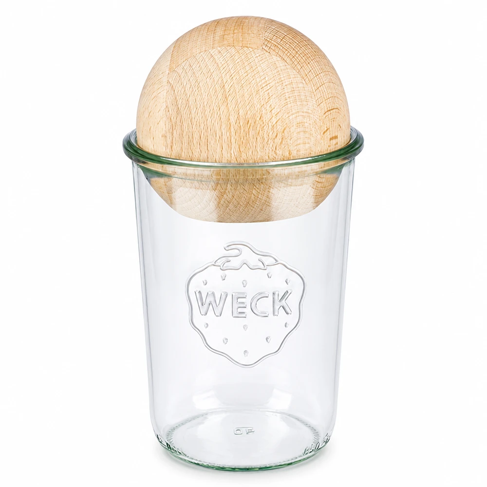 WECK RR100 tumbler 850ml con coperchio a sfera in legno di faggio, vaso da conserva trasparente con coperchio in legno