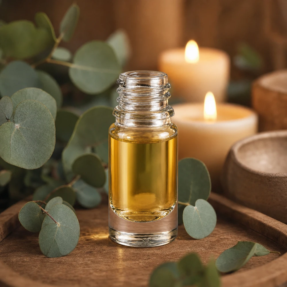 Flacone ApoGlas da 5 ml con liquido giallo oro in un'atmosfera di aromaterapia rilassante.