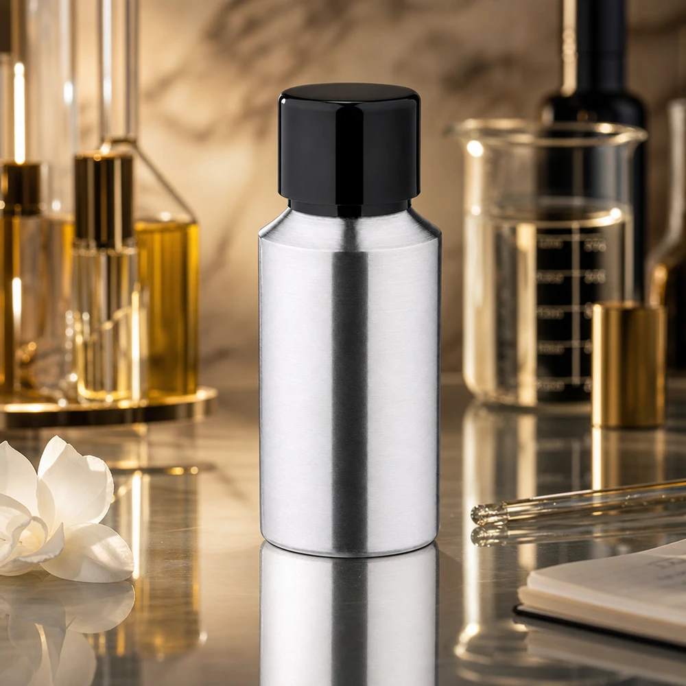Flacone in alluminio lucido da 30 ml con superficie liscia a specchio per una cura della pelle di alto livello