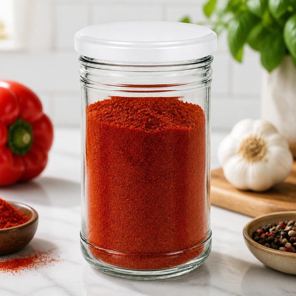 Vaso da 1053 ml con coperchio BasicSeal bianco UN... 1053ml Sturzglas gefüllt mit Paprikapulver zeigt praktische Küchenaufbewahrung mit BasicSeal Deckel für Gewürze