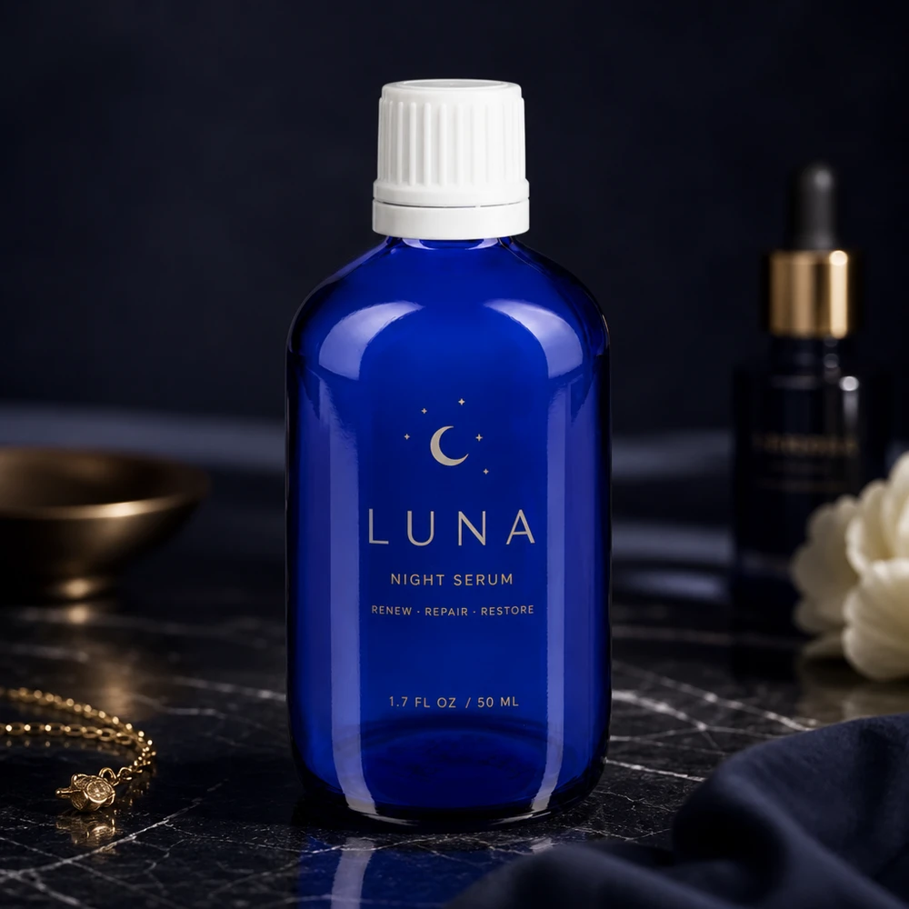 Flacone contagocce blu 100ml OV bianco/0,7mm ApoGlas Flacone in vetro da farmacia blu cobalto da 100 ml con tappo contagocce bianco per sieri da notte e oli trattanti