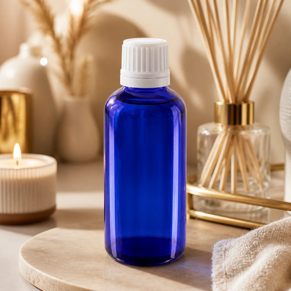 Flacone contagocce blu da 50ml OV bianco/0,7mm ApoGlas Flacone da farmacia da 50 ml in vetro blu con tappo dosatore bianco per cosmetici e aromaterapia