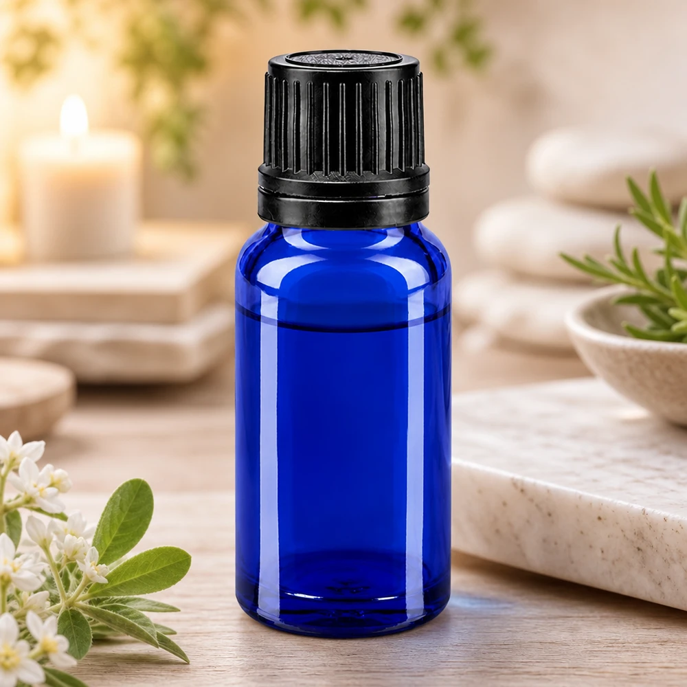Flacone contagocce blu da 10ml OV nero/1mm ApoGlas Flacone contagocce da 10 ml blu scuro con tappo di sicurezza nero, realizzato in vetro da farmacia di alta qualità