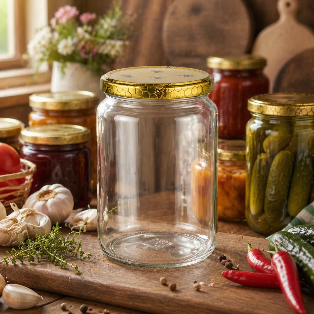 Vasetto per miele da 1000 g con capsula con motivo a favo BasicSeal UNiTWIST Vaso di miele vuoto da 1000 g con coperchio dorato a nido d'ape tra vasi da conserva ed erbe fresche in una cucina rustica