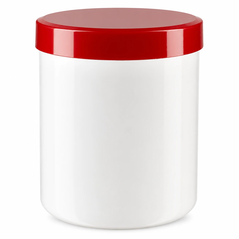 Vasetto per unguenti 100g bianco con coperchio a vite rosso (PP) Vasetto leggero in PP per pomate da 100 grammi, bianco, con coperchio a vite rosso a tenuta stagna