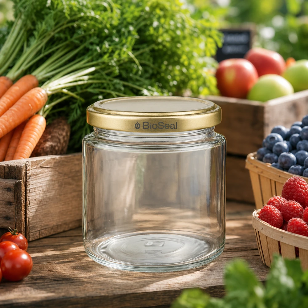 Vasetto per miele da 350 g con capsula dorata BioSeal UNiTWIST Vasetto di miele BioSeal da 250 ml vuoto con coperchio UNiTWIST dorato circondato da frutta e verdura fresca dell'orto