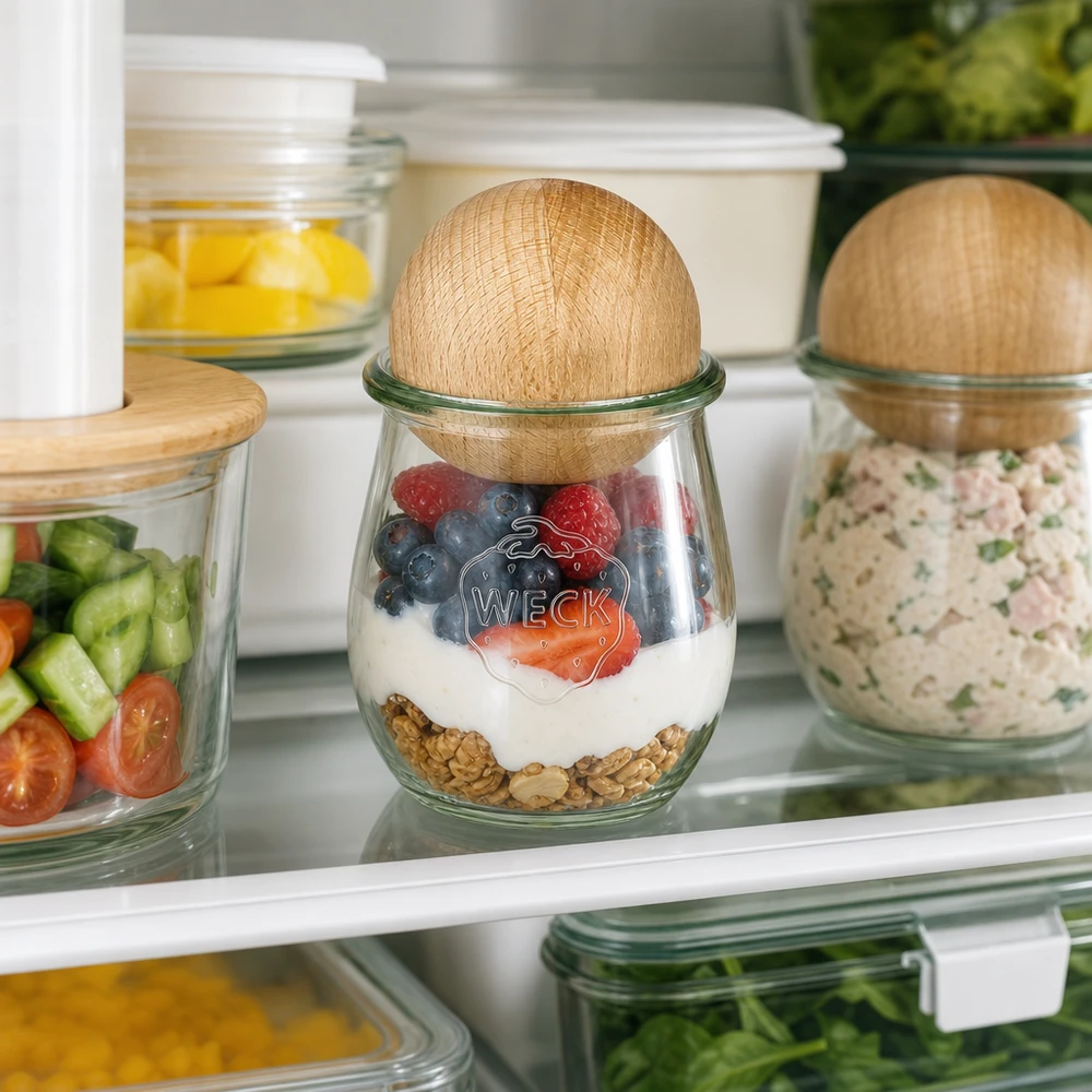 WECK vaso a tulipano 220ml in frigorifero con miscela di yogurt e frutti di bosco, coperchio a sfera in faggio Organizzazione per la conservazione degli alimenti
