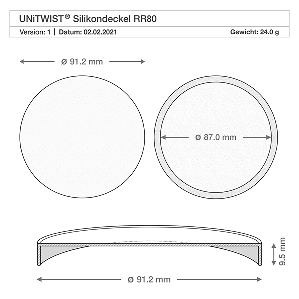 Bicchieri da 165ml WECK RR80 con coperchio in silicone bianco Disegno tecnico Coperchio in silicone WECK RR80 con dimensioni 91,2 mm di diametro 9,5 mm di altezza per vaso a tulipano 370ml