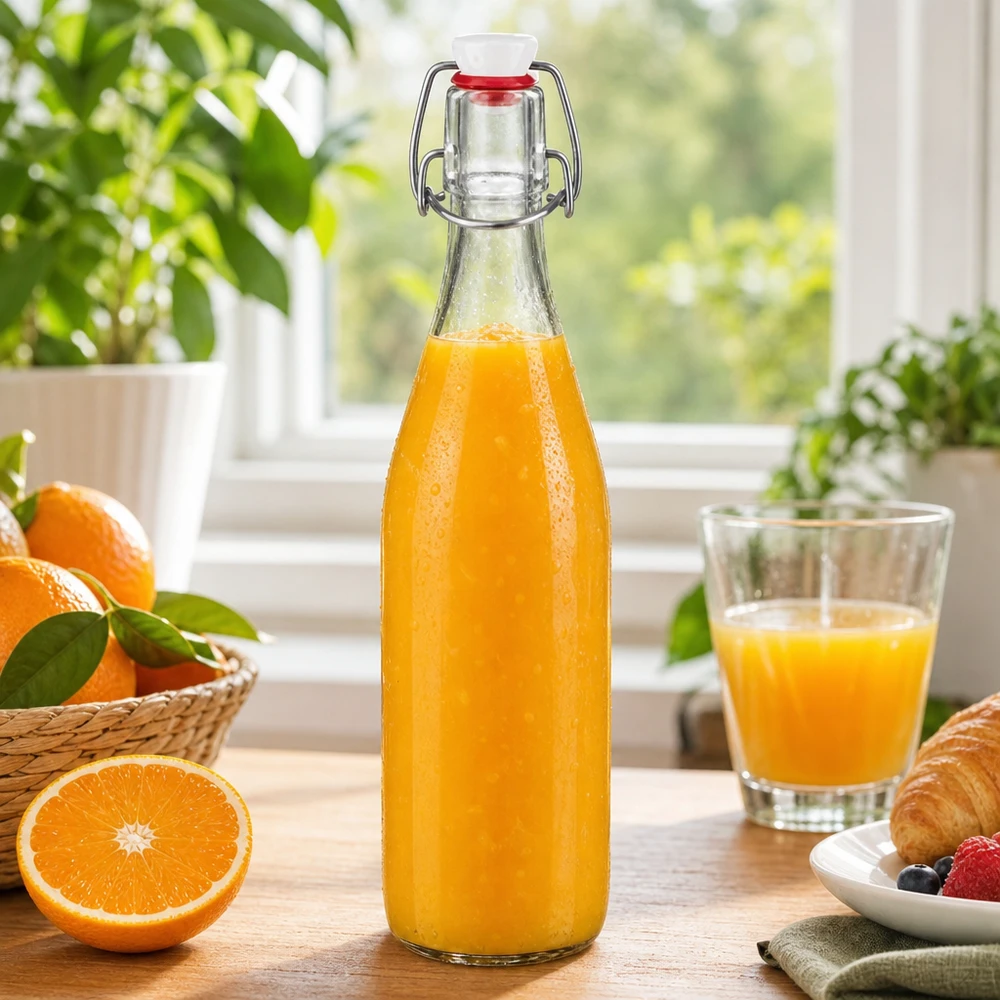 Bottiglia di vetro da 500 ml + tappo a battente in PVC UNiTWIST 500ml Glasflasche Bügelverschluss befüllt mit frischem Orangensaft Frühstück gesunde Getränke Vintage Design