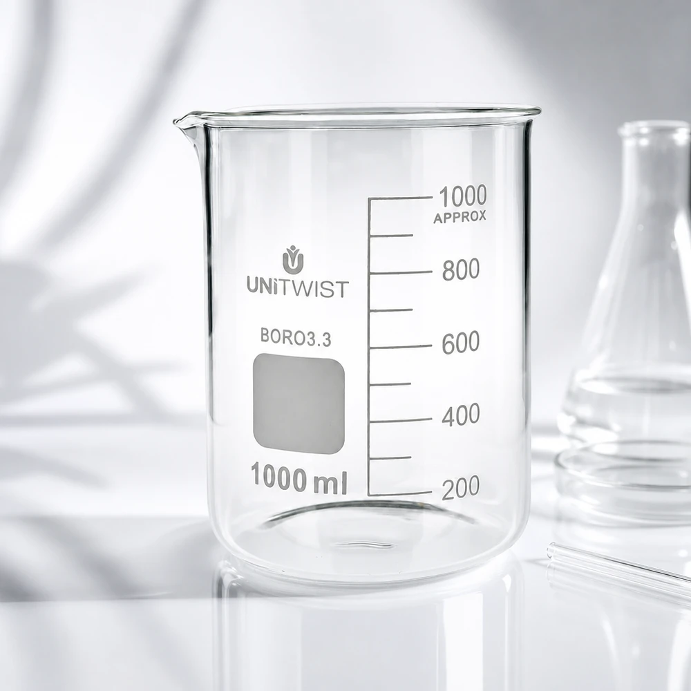 Bicchiere da 1000 ml in borosilicato, stampo basso UNiTWIST UNiTWIST Bicchiere da 1000 ml in borosilicato 3.3, forma bassa, trasparente, vuoto, su sfondo bianco