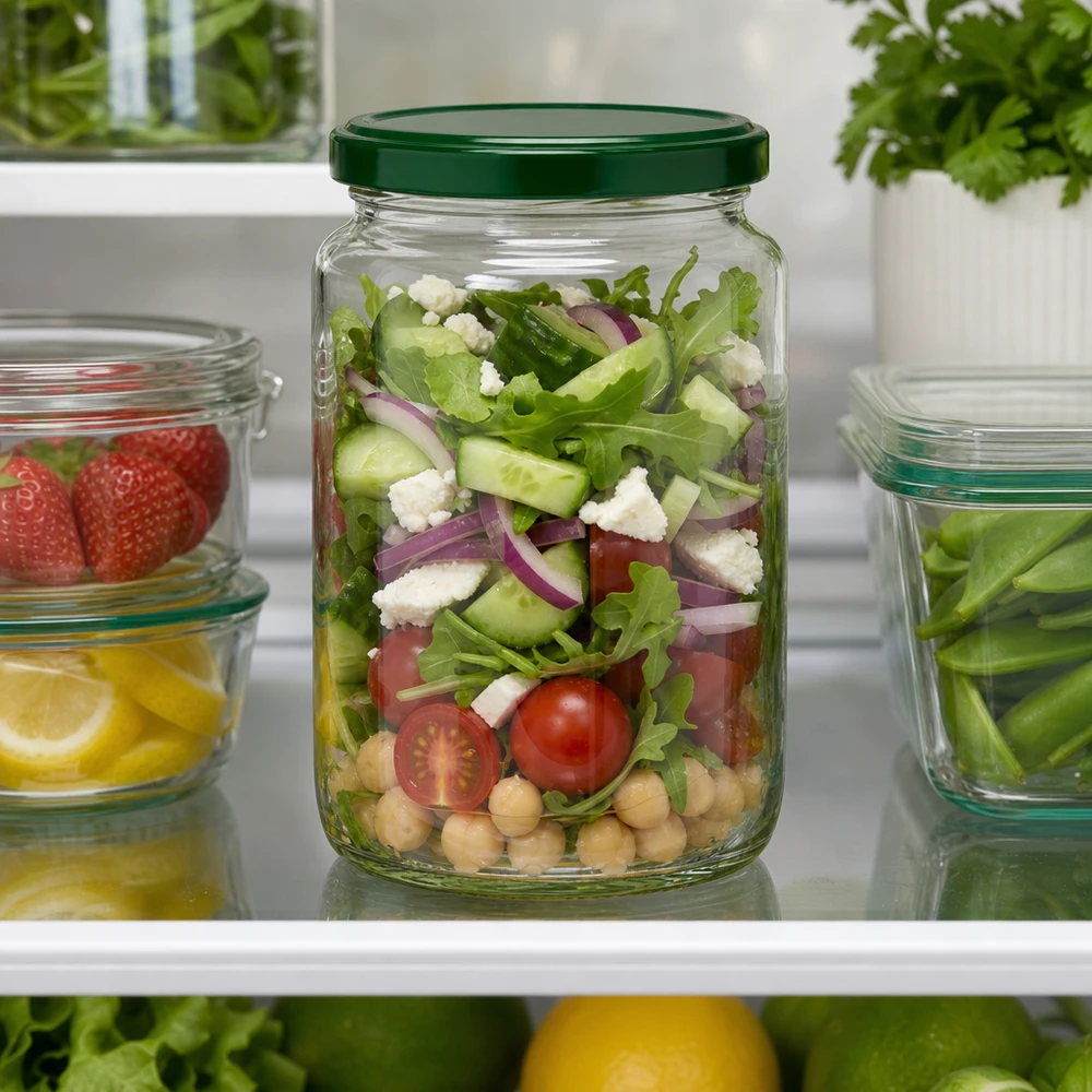 Barattolo rotondo da 795 ml + coperchio BasicSeal verde UNiTWIST 795ml UNiTWIST Rundglas mit grünem Deckel gefüllt mit Salat im Kühlschrank - perfekt für Meal Prep und Vorratshaltung