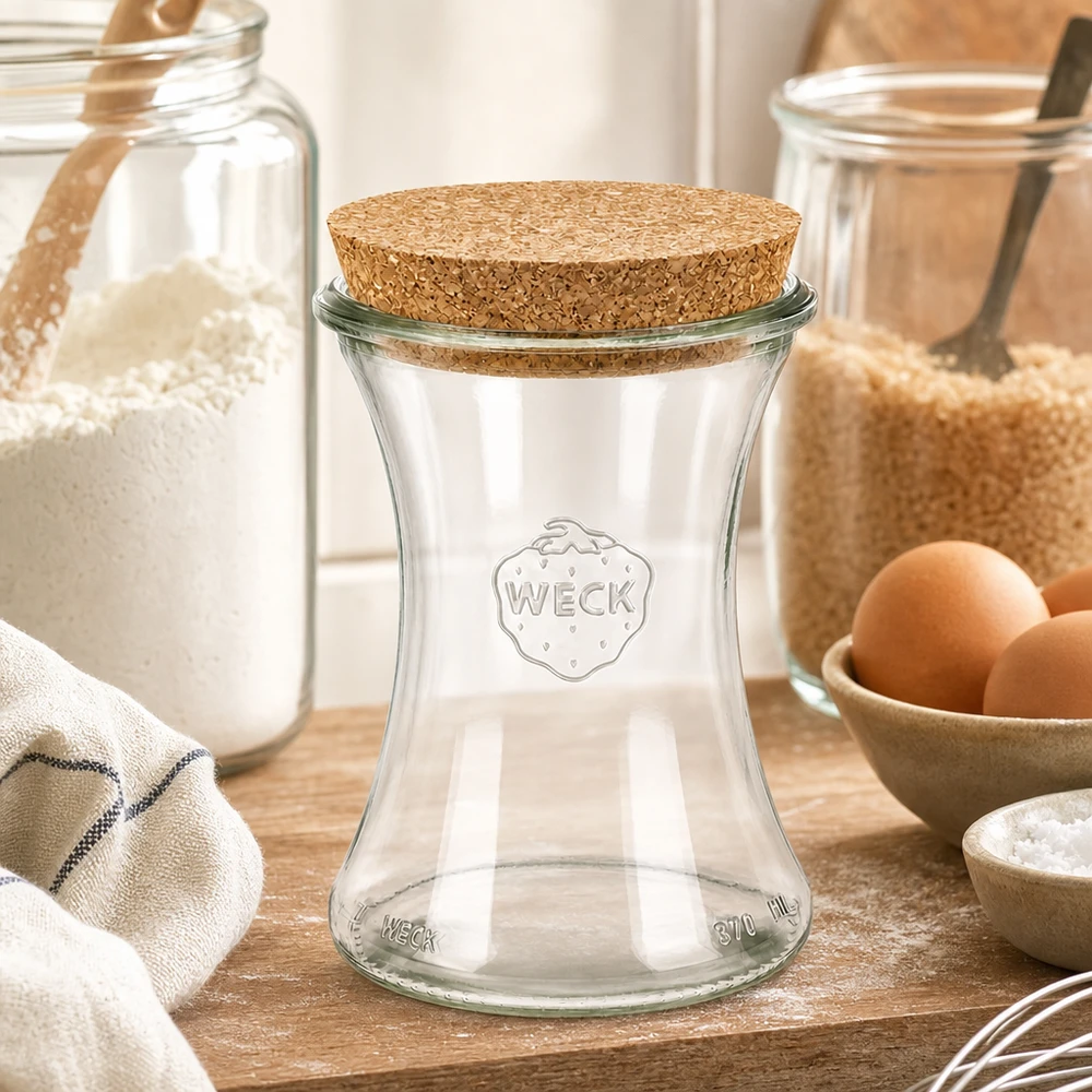 Barattolo WECK 370ml RR80 con coperchio in sughero in una cucina rustica tra barattoli di farina, uova e ingredienti da forno