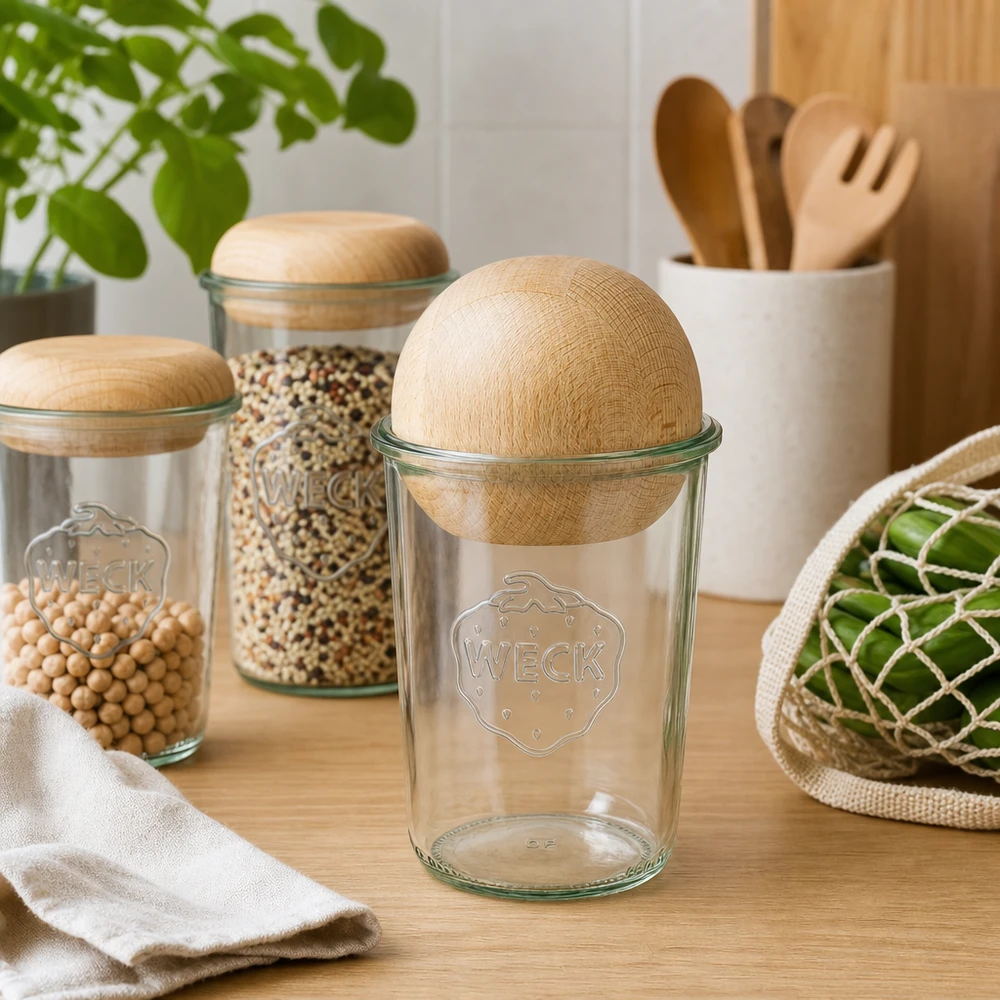 Vaso a tulipano da 850 ml WECK RR100 con sfera in legno di faggio WECK RR100 tumbler 850ml vuoti con sfera in legno di faggio su tavolo in legno, attrezzatura da cucina sostenibile con utensili di stoccaggio