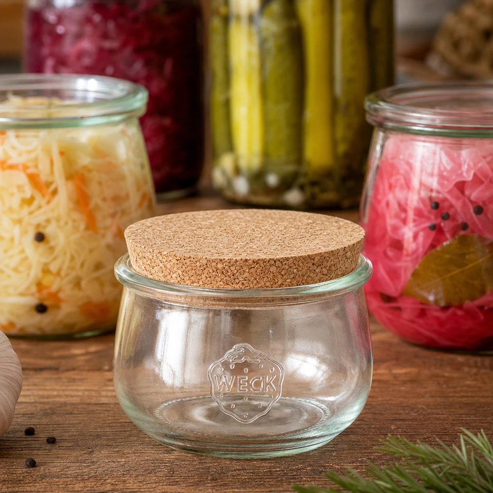 WECK vaso a tulipano RR100 580ml con tappo naturale tra i vasi di verdure fermentate e decorazione di cetrioli sottaceto