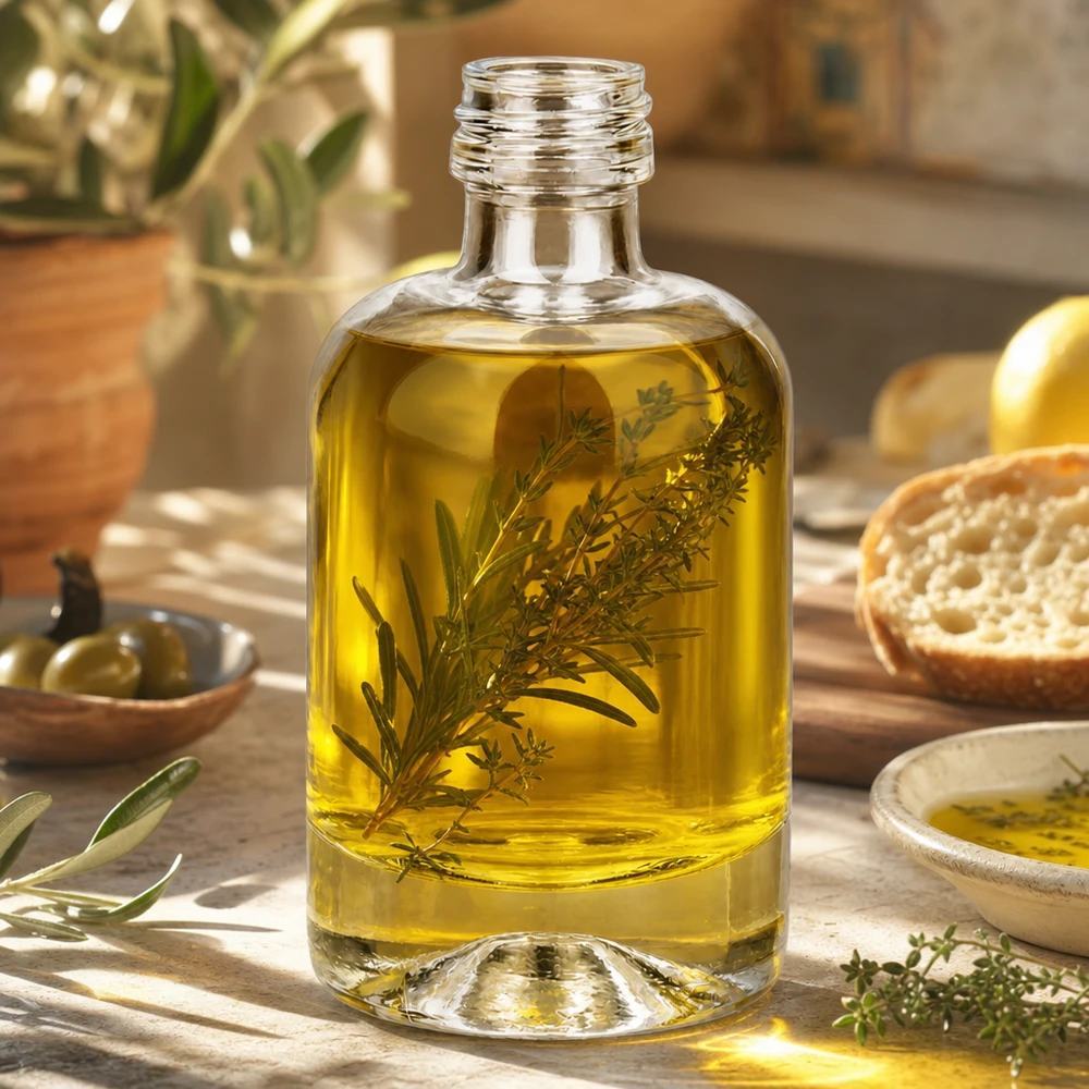 Bottiglia in vetro da 40 ml Sara senza tappo a vite UNiTWIST® Bottiglia di vetro da 40 ml Sara riempita con olio alle erbe come esempio di applicazione per la cosmesi e l'aromaterapia
