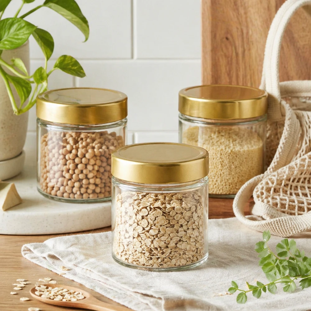 Barattolo rotondo da 154 ml con coperchio BasicSeal oro profondo UN.. 154ml Rundglas BasicSeal gold Vorratsdosen Set Haferflocken Kichererbsen Quinoa nachhaltige Küchen Aufbewahrung