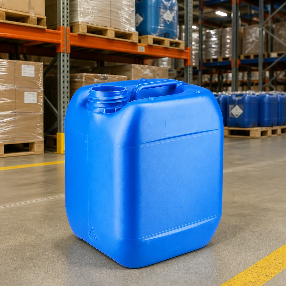 Tanica di plastica blu da 5 litri senza tappo in un magazzino di prodotti chimici con scaffalature a grande altezza