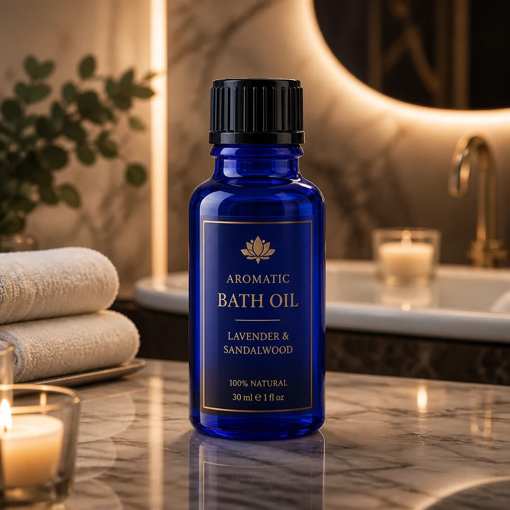 Bottiglia da farmacia blu da 20ml. SV STD nero/11mm ApoGlas Flacone da farmacia blu da 20 ml con tappo a vite nero in un lussuoso ambiente da bagno