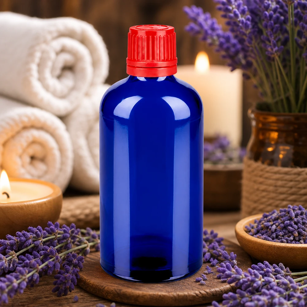 Bottiglia da 100ml 11mm SV rosso OV BlueLine UT18/100 Flacone in vetro compatto da 100 ml in blu cobalto ideale per cosmetici e prodotti naturali