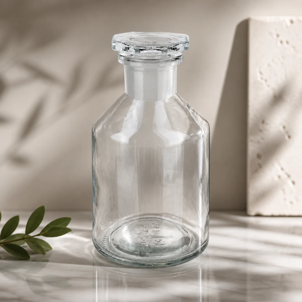 Flacone a petto ripido vuoto da 50 ml, a collo stretto, in vetro trasparente con tappo in vetro sfaccettato