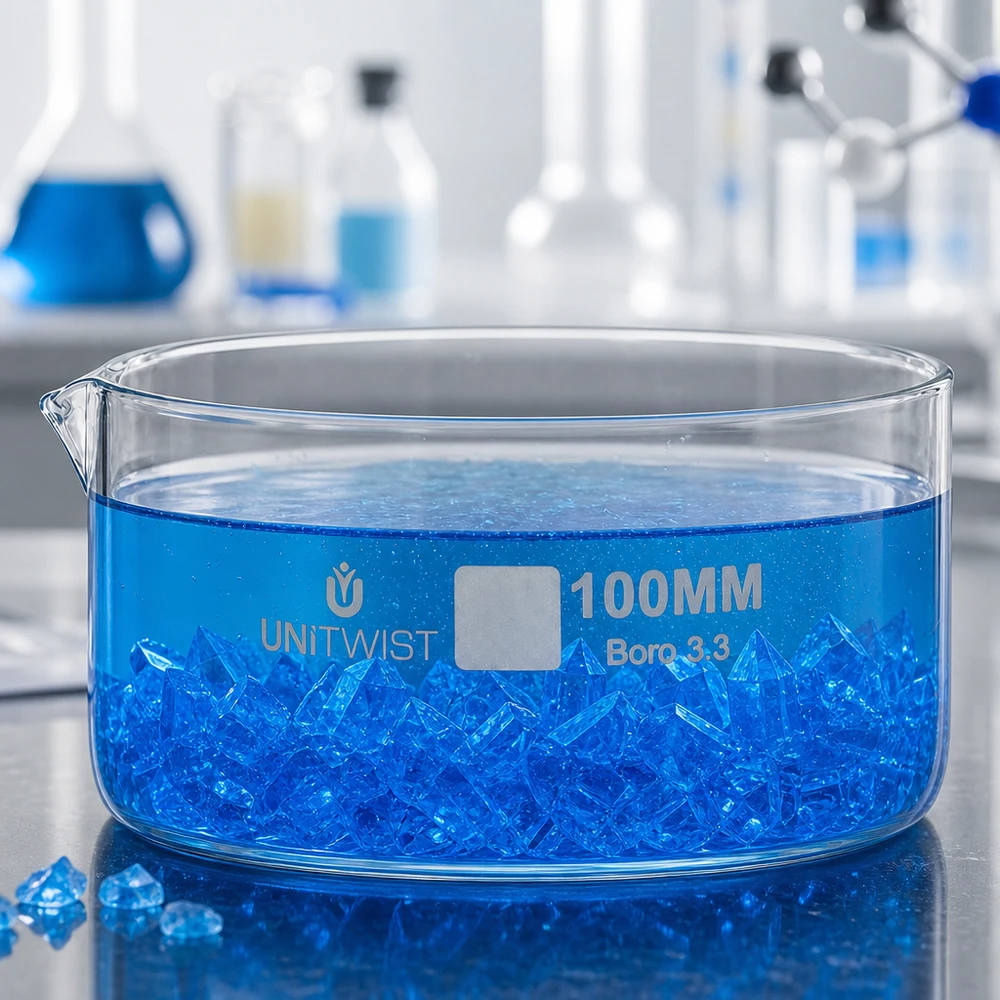 Piatto per cristallizzazione ø100mm in vetro borosilicato UNiTWIST Vaschetta di cristallizzazione da 100 mm UNiTWIST Boro 3.3 con cristalli blu - Vetro borosilicato da laboratorio