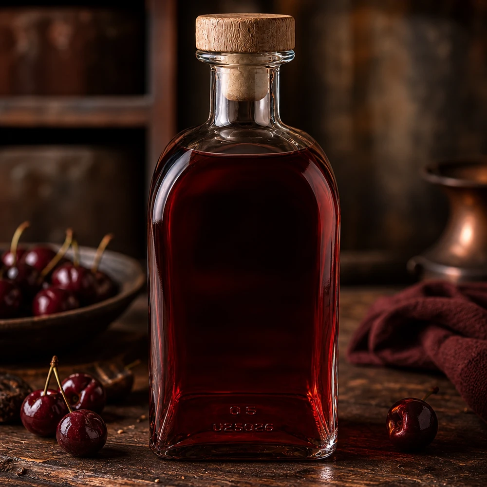Flacone farmaceutico da 500 ml Julia con tappo in sughero con impugnatura in legno UNiTWIST® Bottiglia in vetro Julia da 500 ml con tappo in sughero riempito di liquore di ciliegie rosse su legno rustico con ciliegie fresche