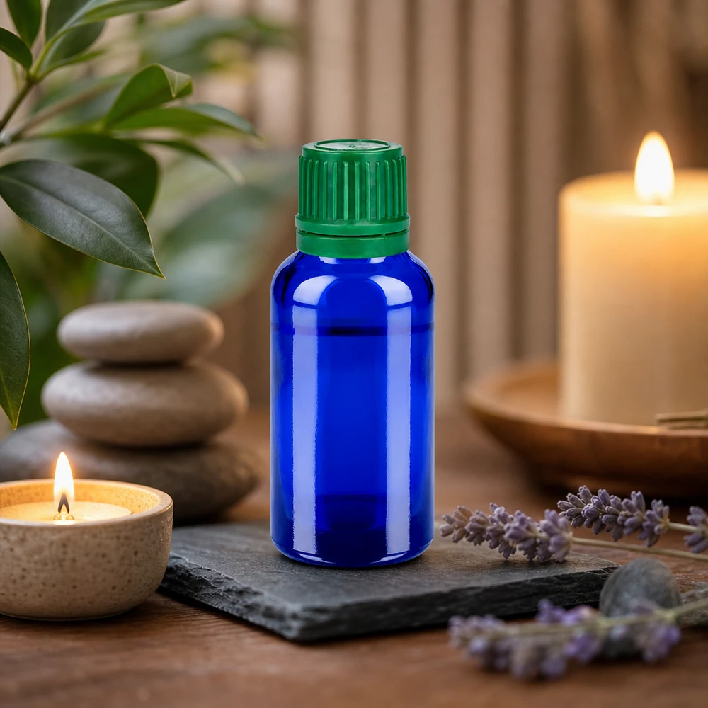 Flacone da 30ml 11mm SV verde OV BlueLine UT18/30 Pratico flacone in vetro blu da 30 ml con tappo SV a prova di bambino per una conservazione sicura